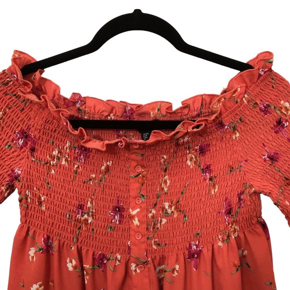 Atmosphere Off the Shoulder Smocked Red Orange Floral Top 4 - Picture 5 of 8